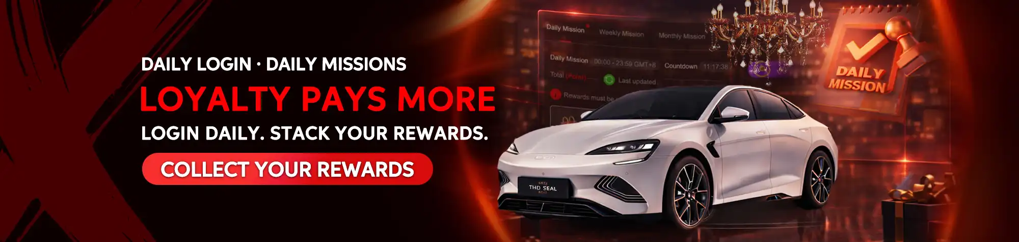 Promotional banner highlighting a daily login and daily missions rewards program. The design features the slogan "Loyalty Pays More," a white BYD Seal sedan, a daily mission dashboard, reward icons, and a "Collect Your Rewards" call-to-action.