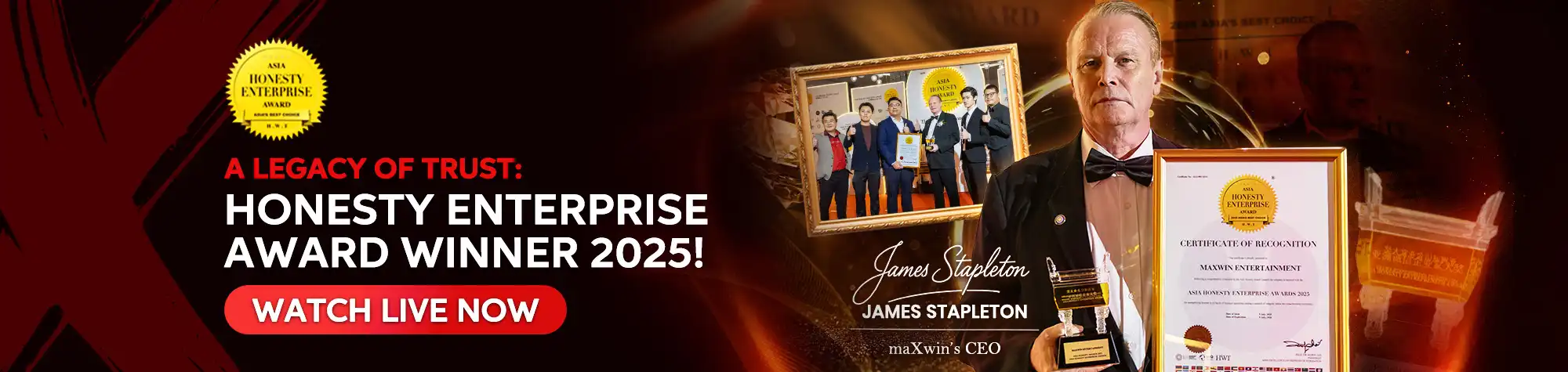 Promotional banner celebrating the Asia Honesty Enterprise Award 2025. The design features CEO James Stapleton holding the Honesty Enterprise Award trophy and certificate, alongside a team award photo, highlighting the company's recognition for business excellence and integrity.