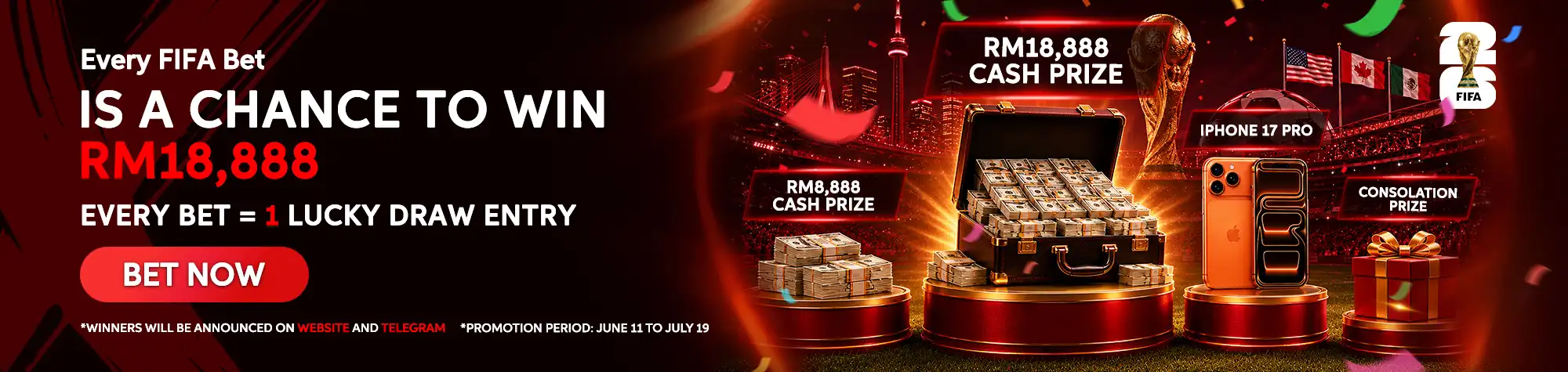 Promotional banner for a FIFA lucky draw campaign featuring a grand prize of RM18,888 cash, an iPhone 17 Pro, and consolation prizes. The design includes a cash-filled briefcase, FIFA World Cup trophy, stadium background, confetti, and the message that every FIFA bet earns one lucky draw entry.