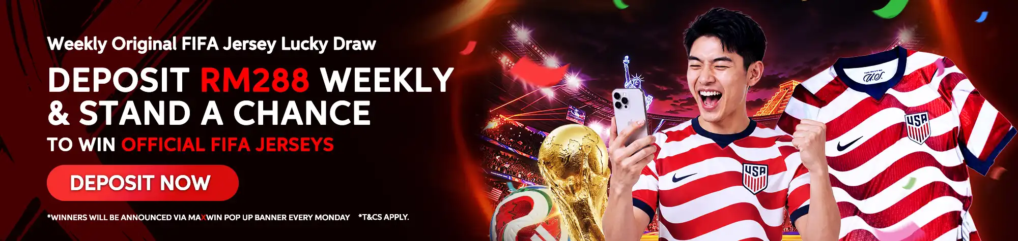 Promotional banner advertising a weekly FIFA jersey lucky draw. Players who deposit RM288 weekly stand a chance to win official FIFA jerseys. The banner features a cheering football fan holding a smartphone, a FIFA trophy, a stadium backdrop, and an official USA football jersey.
