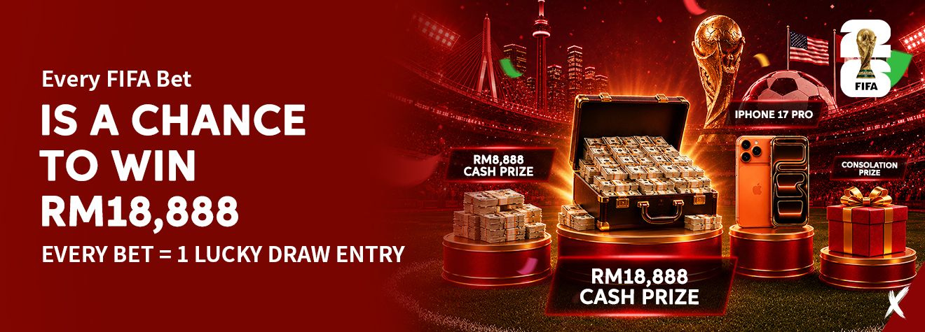 Promotional banner for a FIFA betting lucky draw featuring a grand prize of RM18,888 cash, an iPhone 17 Pro, and additional rewards. The design includes a cash-filled briefcase, FIFA World Cup trophy, football stadium, and the message that every FIFA bet earns one lucky draw entry.