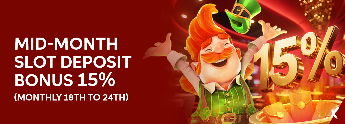 Promotional banner advertising a 15% Mid-Month Slot Deposit Bonus. The design features a cheerful leprechaun mascot celebrating beside a large golden "15%" graphic, with gold coins, a pot of gold, and a festive casino-themed background.