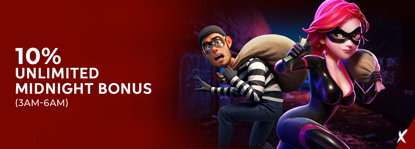 Promotional banner advertising a 10% Unlimited Midnight Bonus available from 3:00 AM to 6:00 AM. The image features a masked female thief and a surprised burglar carrying money bags in a nighttime city alley, emphasizing a late-night bonus promotion.