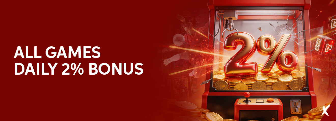Promotional banner advertising an All Games Daily 2% Bonus. The design features a claw machine filled with gold coins and a large glowing "2%" symbol, set against a vibrant red casino-themed background.