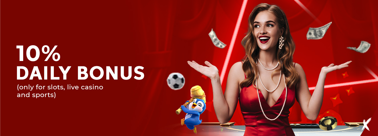Promotional banner advertising a 10% Daily Bonus for slots, live casino, and sports. The design features a smiling woman in a red dress surrounded by floating cash, a soccer ball, casino chips, and a playful penguin mascot against a vibrant red entertainment-themed background.