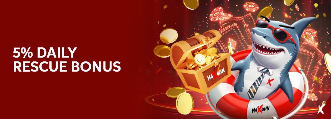 Promotional banner advertising a 5% Daily Rescue Bonus. The design features a stylish shark mascot wearing sunglasses and a tie in a lifebuoy, holding a treasure chest overflowing with gold coins against a vibrant red casino-themed background.