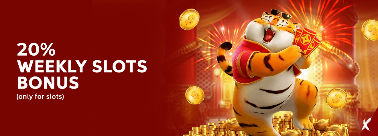 Promotional banner advertising a 20% Weekly Slots Bonus. The design features a cheerful tiger mascot holding a red lucky envelope, surrounded by gold coins, fireworks, and stacks of gold, with the promotion available exclusively for slot games.