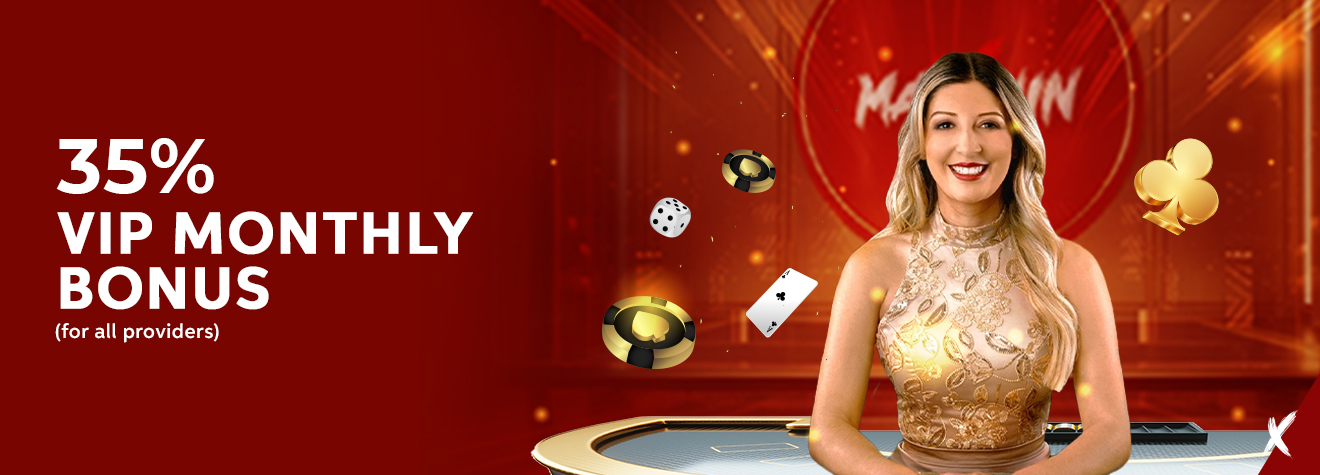 Promotional banner advertising a 35% VIP Monthly Bonus for all game providers. The design features a smiling woman in an elegant gold dress surrounded by casino chips, playing cards, dice, and card suit icons against a luxurious red casino-themed background.