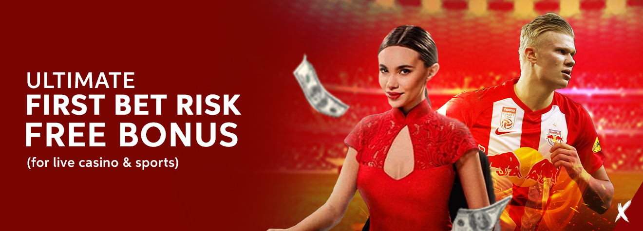 Promotional banner advertising an Ultimate First Bet Risk Free Bonus for live casino and sports. The design features a woman in a red dress alongside a professional football player in a stadium, with floating banknotes and a vibrant red sports-themed background.