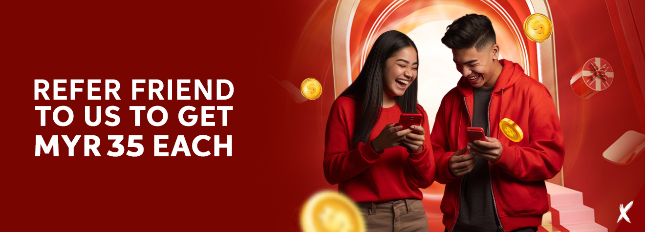 Promotional banner advertising a Refer a Friend program where both the referrer and the referred friend receive MYR35 each. The design features two happy friends using smartphones, surrounded by floating gold coins and gift boxes against a vibrant red background.