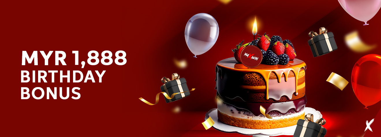 Promotional banner advertising a MYR 1,888 Birthday Bonus. The design features a festive chocolate birthday cake topped with fresh berries and a candle, surrounded by balloons, gift boxes, confetti, and celebration decorations on a vibrant red background.