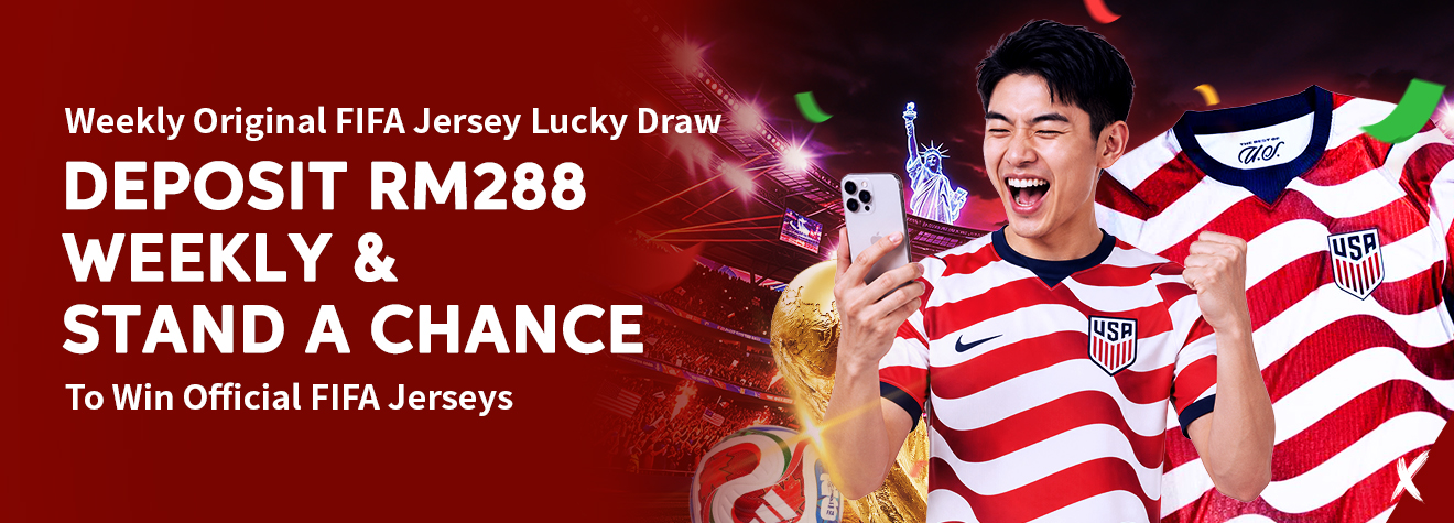 Promotional banner for a weekly FIFA jersey lucky draw. Members who deposit RM288 weekly can stand a chance to win official FIFA jerseys. The design features a cheering football fan in a USA jersey holding a smartphone, a FIFA World Cup trophy, a football stadium backdrop, and an official USA jersey prize.