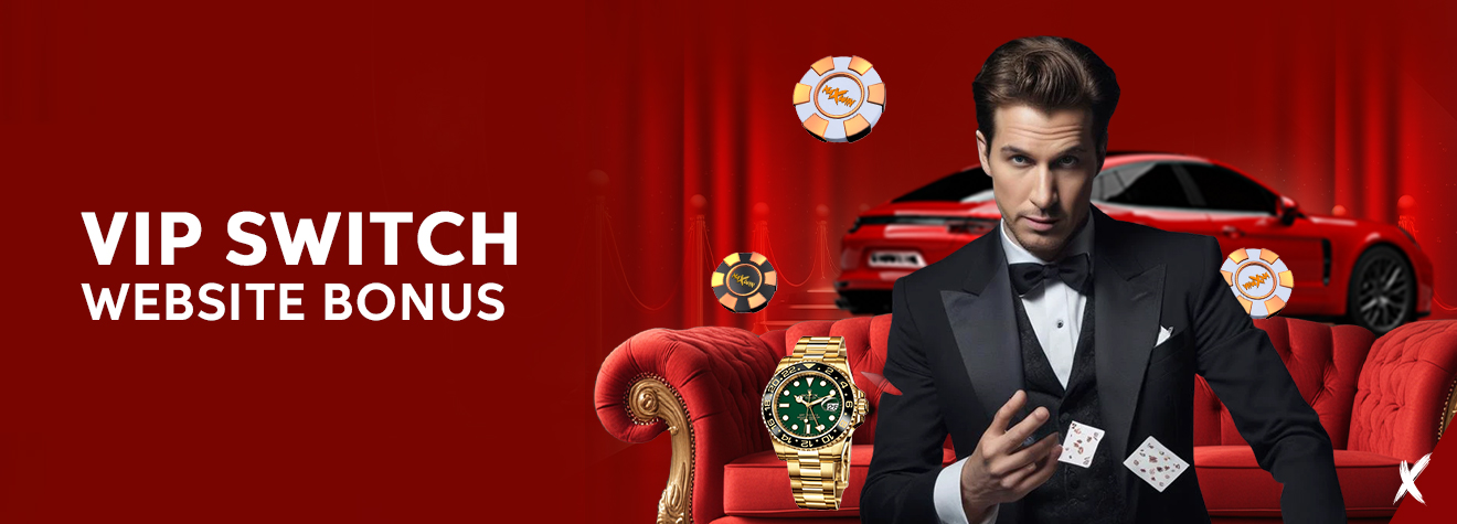 Promotional banner advertising a VIP Switch Website Bonus. The design features a well-dressed magician performing card tricks in front of a luxury sports car, with a gold luxury watch, casino chips, and elegant red lounge décor symbolizing exclusive VIP rewards.