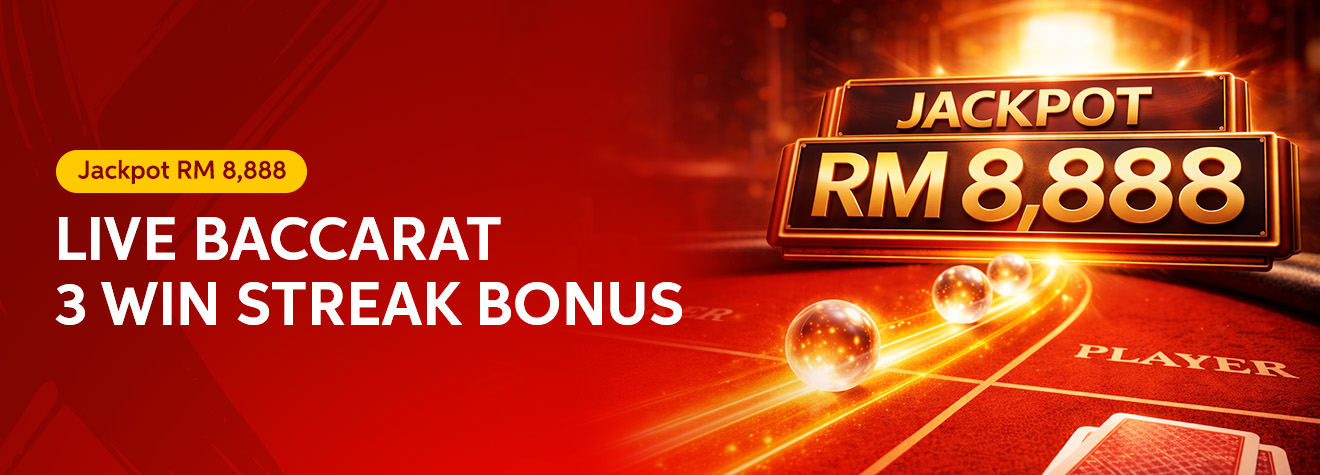 Promotional banner advertising a Live Baccarat 3 Win Streak Bonus with a RM8,888 Jackpot. The design features a glowing jackpot display, illuminated baccarat table, rolling game balls, and a premium casino atmosphere in vibrant gold and red tones.