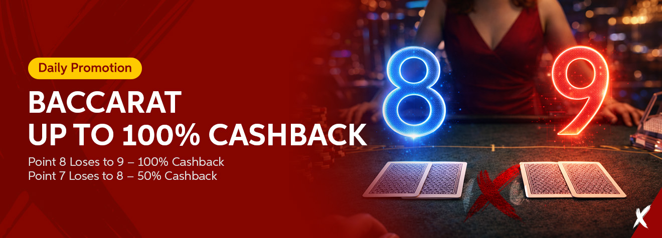 Promotional banner for a Daily Baccarat Cashback campaign offering up to 100% cashback. The design features glowing blue and red numbers 8 and 9 above a baccarat table with playing cards, illustrating cashback rewards when Point 8 loses to Point 9 or Point 7 loses to Point 8.