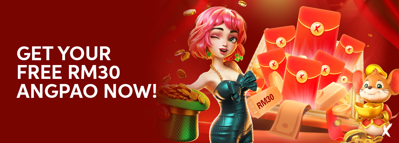 Promotional banner advertising a Free RM30 Angpao giveaway. The design features a cheerful pink-haired mascot holding a pot of gold coins, multiple red angpao envelopes, a lucky mouse holding a gold ingot, and an RM30 voucher against a vibrant red festive background.
