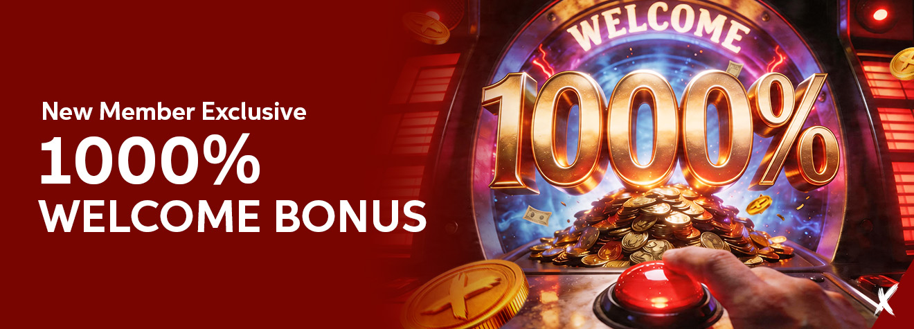 Promotional banner featuring a 1000% Welcome Bonus for new members. The image shows a glowing arcade-style machine displaying a giant "1000%" above a pile of gold coins, with a hand pressing a large red button against a vibrant red and gold background.