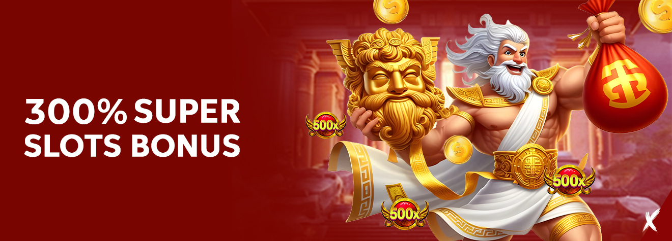 Promotional banner advertising a 300% Super Slots Bonus. The image features a powerful Zeus-inspired character holding a large golden mask and a red bag of wealth, surrounded by floating gold coins and 500x symbols against a luxurious temple-themed background.