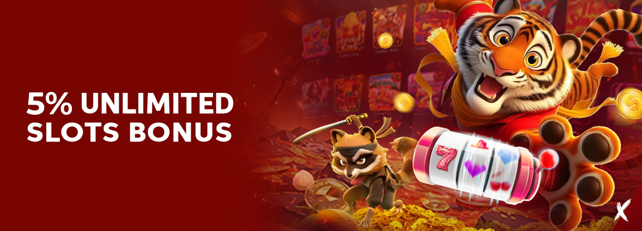 Promotional banner advertising a 5% Unlimited Slots Bonus. The design features a cheerful tiger mascot, a raccoon warrior holding a sword, a spinning slot machine reel, and floating gold coins against a vibrant red casino-themed background.