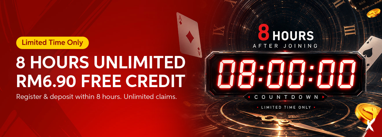 Maxwin 8 Hours Unlimited RM6.90 Free Credit promotion banner featuring a digital countdown timer, playing cards, casino-themed graphics, and a limited-time offer for members who register and deposit within 8 hours.