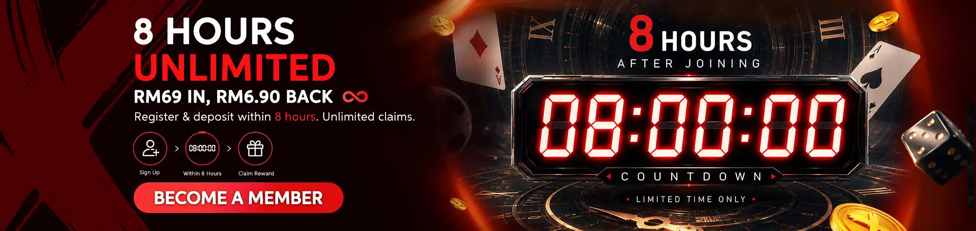 Maxwin 8 Hours Unlimited Cashback promotional banner featuring a digital countdown timer, casino-themed visuals, and an exclusive limited-time offer where members deposit RM69 and receive RM6.90 cashback with unlimited claims within eight hours.