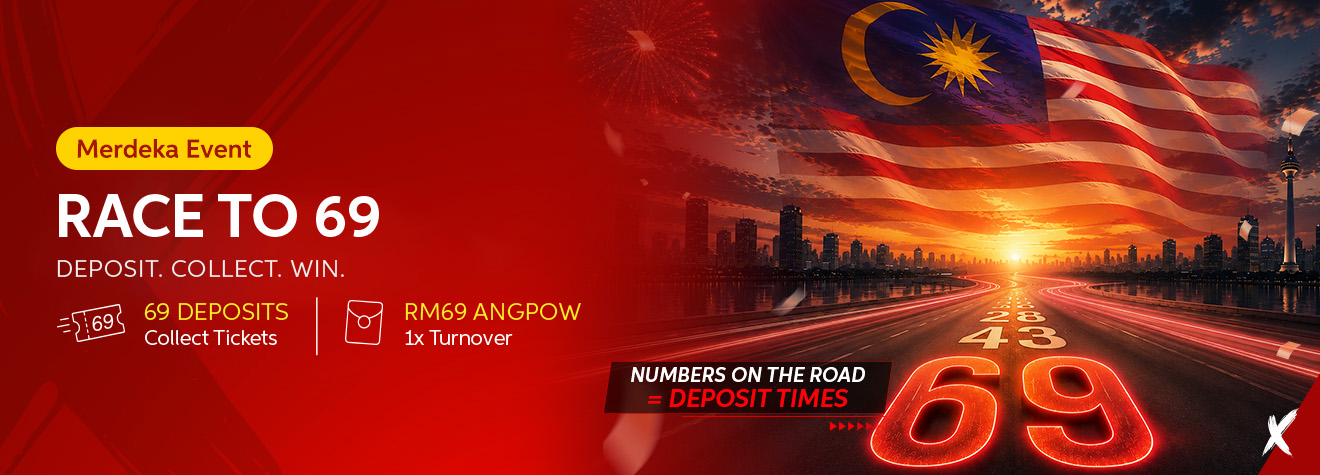 Maxwin Merdeka Event banner featuring the Race to 69 promotion, where members collect tickets through 69 deposits to redeem an RM69 Angpow with a 1x turnover requirement, set against a Malaysian flag and Kuala Lumpur skyline.