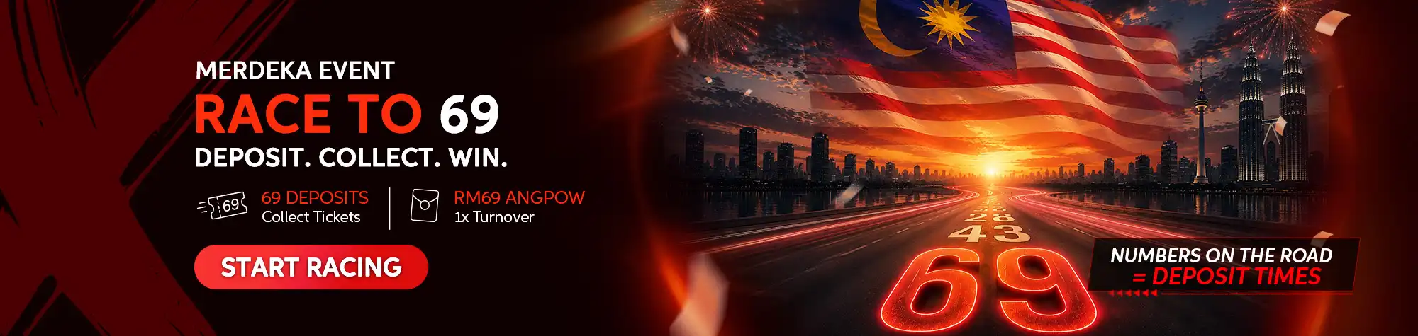 Maxwin Merdeka Event – Race to 69 promotional banner featuring the Malaysian flag, Kuala Lumpur skyline, fireworks, and a glowing highway representing the journey to complete 69 deposits and earn a RM69 Angpow reward.