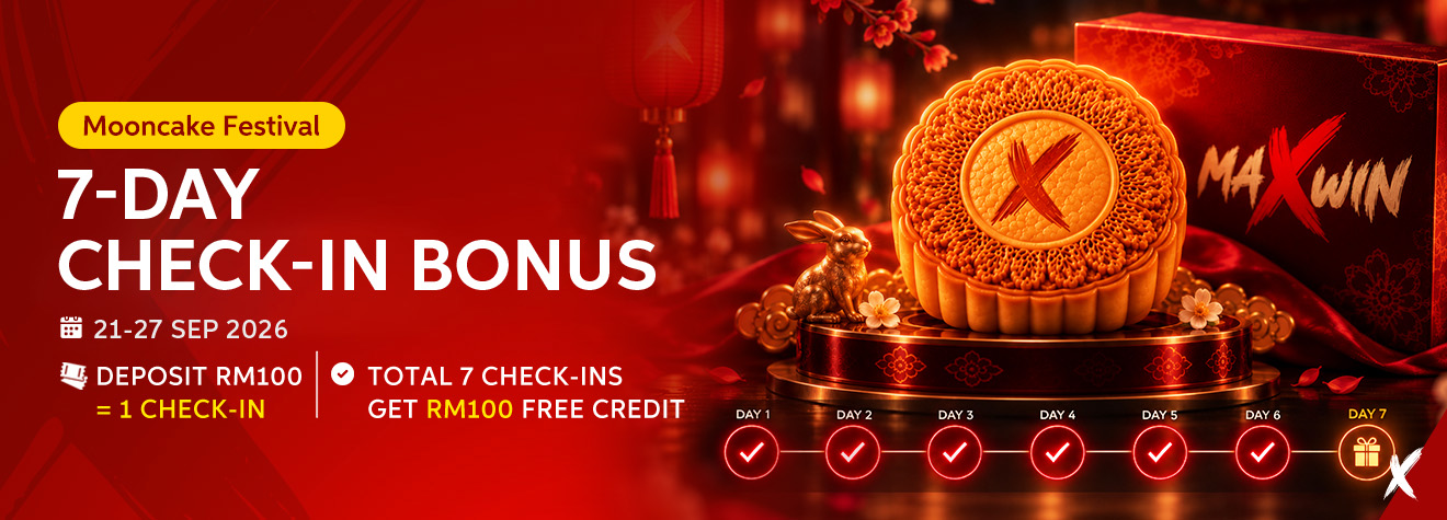 Maxwin Mooncake Festival promotion offering RM100 free credit after seven check-ins from 21–27 September 2026.