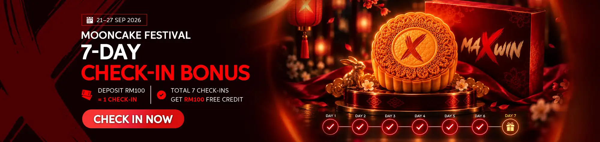 Maxwin Mooncake Festival promotion offering RM100 free credit after seven check-ins from September 21–27, 2026.